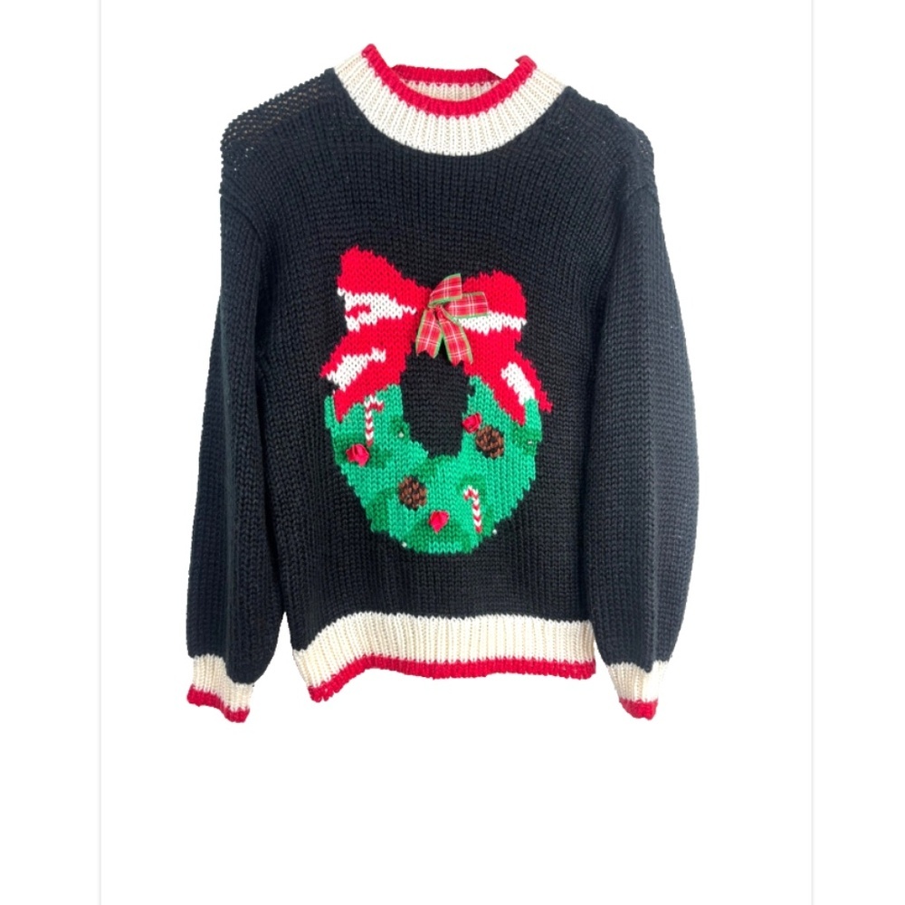 VTG 90s Ugly Christmas Sweater L Black Embroidered Wreath 3D Floral Whimsigoth